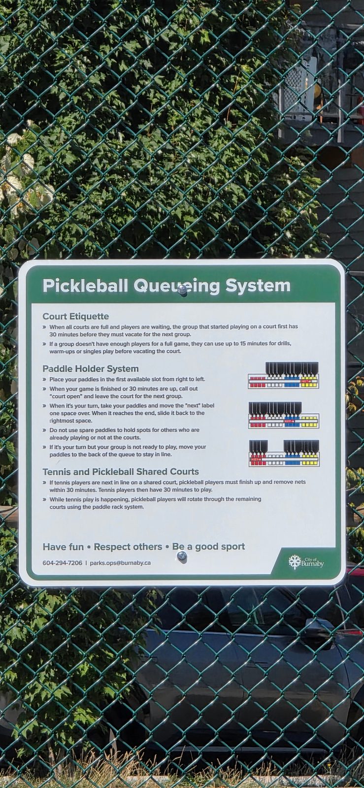 City of Burnaby sign explaining the pickleball queueing system and shared-court rules.